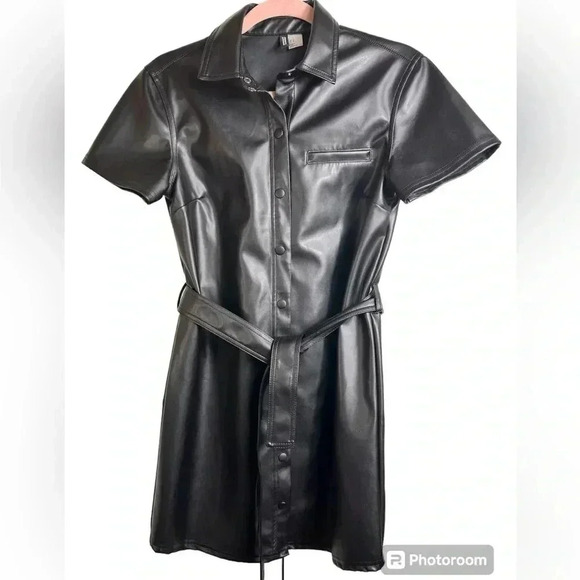 H&M Faux Leather Mini Dress, Short  Sleeves, Belted, SM, Goth Grunge Sexy - Picture 1 of 12